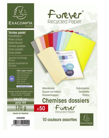 [420200E] CHEMISE EXACOMPTA FOREVER CARTE SEMI RIGIDE RECYCLÉE 240X320MM 180G COLORIS ASSORTIS LOT 50 UNITÉS