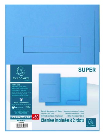 [335006E] CHEMISE EXACOMPTA SUPER CARTE SEMI RIGIDE 240X320MM 210G IMPRIMÉE 2 RABATS COLORIS BLEU CLAIR LOT 50 UNITÉS
