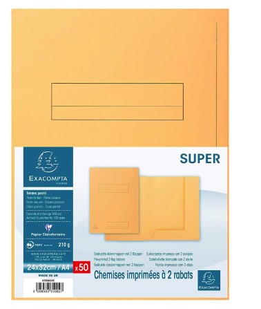 [335002E] CHEMISE EXACOMPTA SUPER CARTE SEMI RIGIDE 240X320MM 210G IMPRIMÉE 2 RABATS COLORIS BULLE LOT 50 UNITÉS