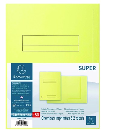 [335005E] CHEMISE EXACOMPTA SUPER CARTE SEMI RIGIDE 240X320MM 210G IMPRIMÉE 2 RABATS COLORIS CANARI LOT 50 UNITÉS