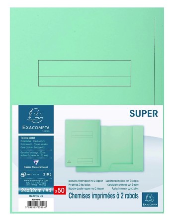 [335004E] CHEMISE EXACOMPTA SUPER CARTE SEMI RIGIDE 240X320MM 210G IMPRIMÉE 2 RABATS COLORIS VERT CLAIR LOT 50 UNITÉS