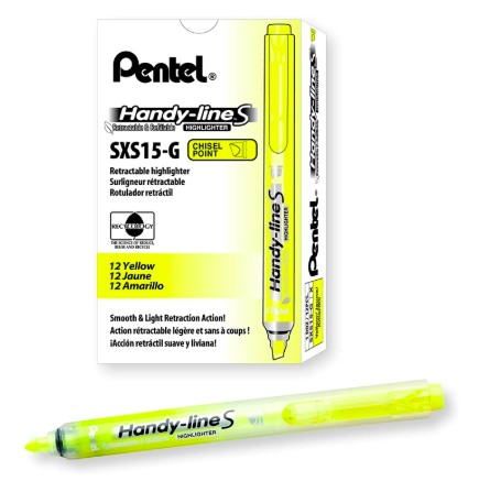 [SXS15-GO] SURLIGNEUR PENTEL HANDY LINE S RÉTRACTABLE RECHARGEABLE POINTE BISEAUTÉE 1/3.6MM CORPS FIN ENCRE JAUNE