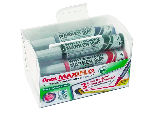 BROSSE MAGNÉTIQUE PENTEL POINTE MOYENNE TRACÉ 1.6MM INCLUS 4 MARQUEURS MAXIFLO COLORIS ASSORTIS NOIR BLEU ROUGE VERT