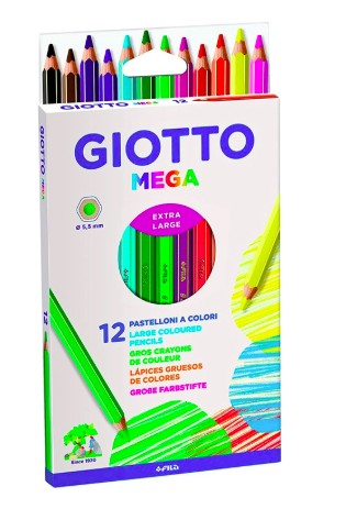 [F225600] CRAYON COULEUR GIOTTO MEGA FORME HEXAGONALE MINE LARGE 5.5MM COLORIS ASSORTIS ÉTUI CARTON 12 UNITÉS