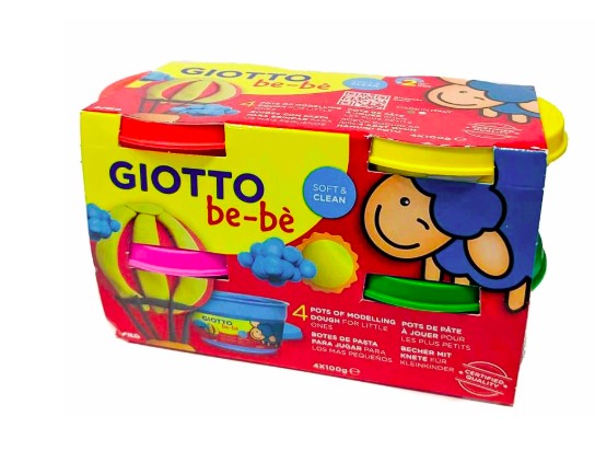 [F464902] PÂTE À MODELER GIOTTO BE-BÈ TESTÉ DERMATOLOGIQUEMENT COLORIS ASSORTIS ROUGE JAUNE MAGENTA VERT 4 POTS 100G