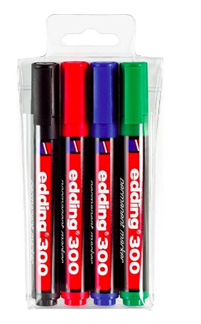 [4-300-4] MARQUEUR EDDING PERMANENT E300 POINTE OGIVE TRACÉ 1.5/3MM CORPS PLASTIQUE POCHETTE 4 UNITÉS ASSORTIES