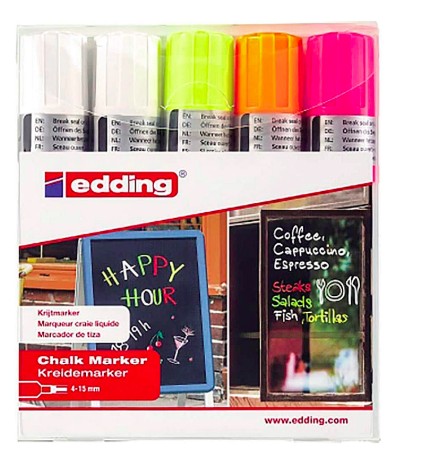 [4-4090-5999] MARQUEUR EDDING CRAIE LIQUIDE E4090 FENÊTRE ARDOISE VERRE POINTE BISEAUTÉE TRACÉ 4/15MM ASSORTIS FLUOR POCHETTE 5 UNITÉS