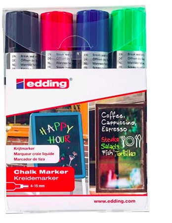 [4-4095-4999] MARQUEUR EDDING CRAIE LIQUIDE E4095 FENÊTRE ARDOISE VERRE POINTE OGIVE 2 À 3MM ASSORTIS POCHETTE 4 UNITÉS