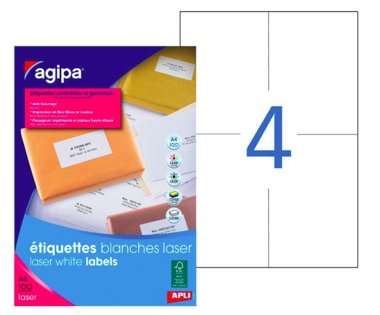 ÉTIQUETTE ADHÉSIVE APLI AGIPA IMPRIMANTE LASER COPIEUR 105X148.5MM BOÎTE 400 UNITÉS