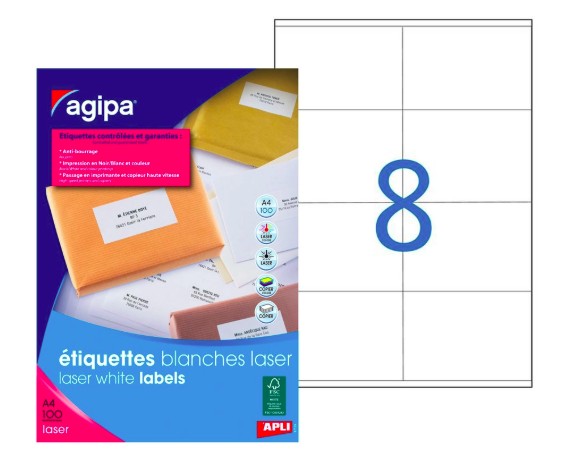 [119066] ÉTIQUETTE ADHÉSIVE APLI AGIPA IMPRIMANTE LASER COPIEUR 105X72MM BOÎTE 800 UNITÉS