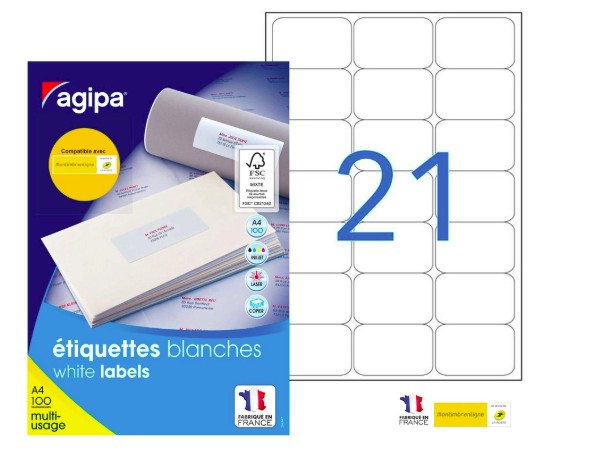 ÉTIQUETTE ADHÉSIVE APLI AGIPA MULTI-USAGE 63.5X38.1MM TOUTE IMPRIMANTE COINS ARRONDIS BOÎTE 2100 UNITÉS