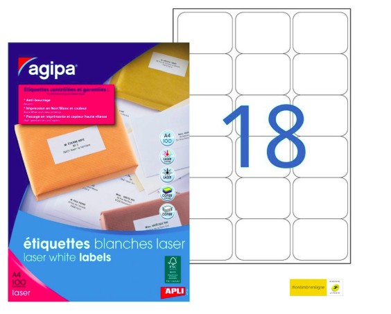 ÉTIQUETTE ADHÉSIVE APLI AGIPA IMPRIMANTE LASER COPIEUR 63.5X46.6MM COINS ARRONDIS BOÎTE 1800 UNITÉS