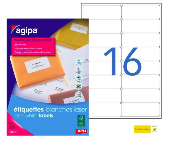 ÉTIQUETTE ADHÉSIVE APLI AGIPA IMPRIMANTE LASER COPIEUR 99.1X33.9MM COINS ARRONDIS BOÎTE 1600 UNITÉS