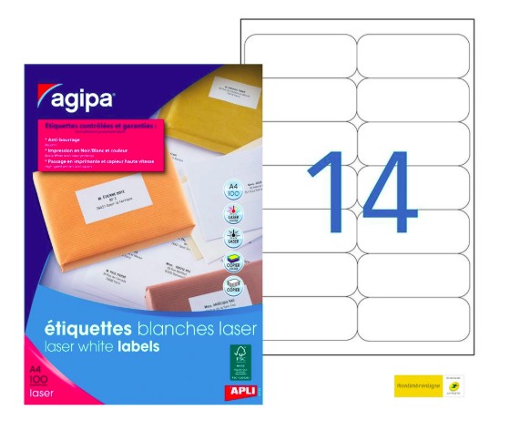 ÉTIQUETTE ADHÉSIVE APLI AGIPA IMPRIMANTE LASER COPIEUR 99.1X38.1MM COINS ARRONDIS BOÎTE 1400 UNITÉS