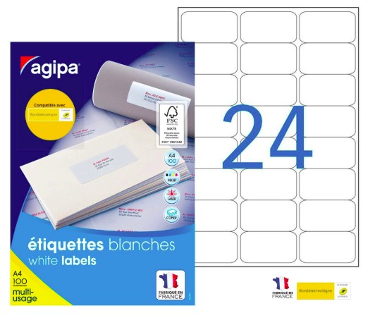 ÉTIQUETTE ADHÉSIVE APLI AGIPA MULTI-USAGE 63.5X33.9MM TOUTE IMPRIMANTE BOÎTE 2400 UNITÉS