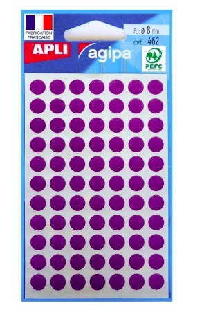 PASTILLE ADHÉSIVE APLI AGIPA DIAMÈTRE 8MM PERMANENTE COLORIS VIOLET POCHETTE 462 UNITÉS