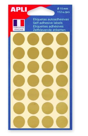 [100602] PASTILLE ADHÉSIVE APLI AGIPA DIAMÈTRE 15MM PERMANENTE COLORIS OR POCHETTE 112 UNITÉS