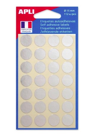 [100603] PASTILLE ADHÉSIVE APLI AGIPA DIAMÈTRE 15MM PERMANENTE COLORIS ARGENT POCHETTE 112 UNITÉS