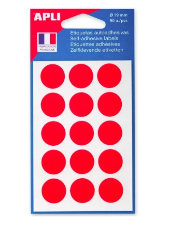 [111964] PASTILLE ADHÉSIVE APLI AGIPA DIAMÈTRE 19MM PERMANENTE COLORIS ROUGE POCHETTE 90 UNITÉS