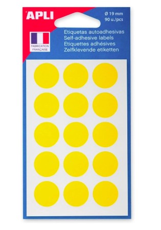 PASTILLE ADHÉSIVE APLI AGIPA DIAMÈTRE 19MM PERMANENTE COLORIS JAUNE POCHETTE 90 UNITÉS