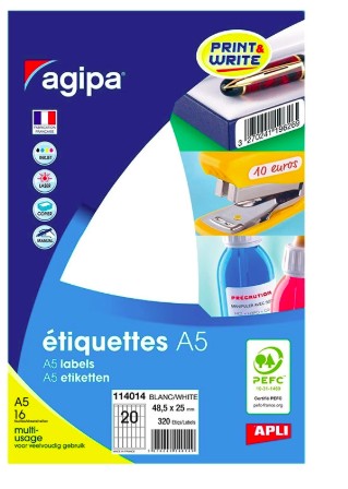 ÉTIQUETTE ADHÉSIVE APLI AGIPA 48.5X25MM MULTIUSAGE ÉTUI A5  320U
