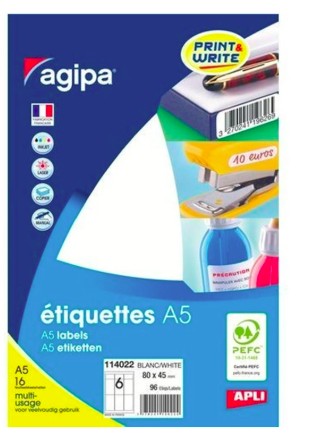 [10091] ÉTIQUETTE ADHÉSIVE APLI AGIPA 80X45MM MULTIUSAGE ÉTUI A5    96U