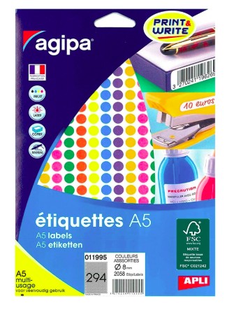[10093] PASTILLE ADHÉSIVE APLI AGIPA DIAMÈTRE 8MM PERMANENTE COLORIS ASSORTIS POCHETTE 2058 UNITÉS