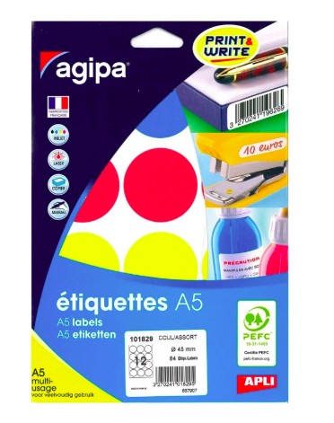PASTILLE ADHÉSIVE APLI AGIPA DIAMÈTRE 45MM COLORIS ASSORTIS POCHETTE 84 UNITÉS