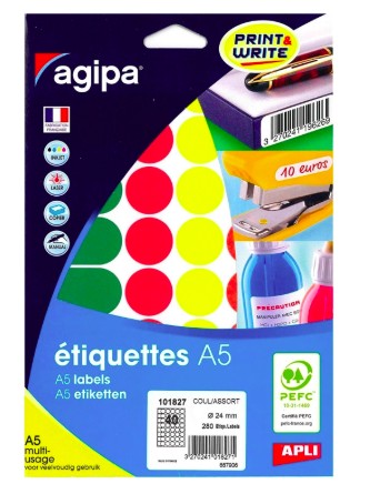 PASTILLE ADHÉSIVE APLI AGIPA DIAMÈTRE 24MM COLORIS ASSORTIS POCHETTE 280 UNITÉS