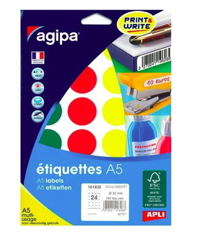[10098] PASTILLE ADHÉSIVE APLI AGIPA DIAMÈTRE 30MM COLORIS ASSORTIS POCHETTE 168 UNITÉS