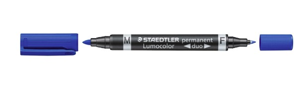 MARQUEUR STAEDTLER PERMANENT LUMOCOLOR DUO MULTI-USAGES DOUBLE POINTE 0.6 ET 1.5MM ENCRE DRY SAFE BLEU