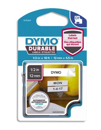 [10201] RUBAN DYMO D1 POLYESTER ADHÉSIF PERMANENT 12MMX5.5M NOIR/BLANC
