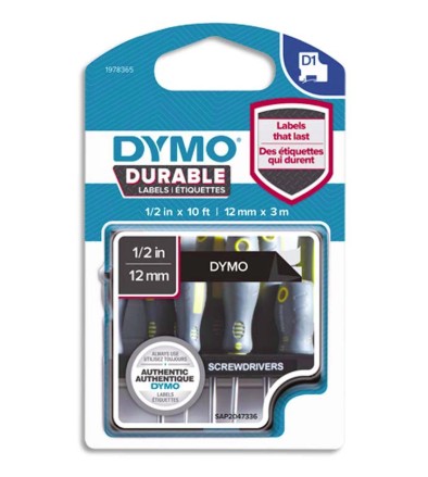 [10202] RUBAN DYMO D1 POLYESTER ADHÉSIF PERMANENT 12MMX3M BLANC/NOIR