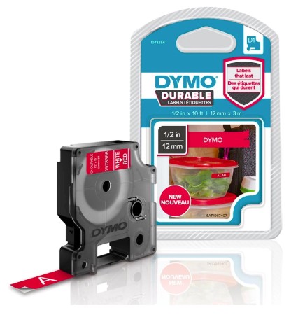 [10203] RUBAN DYMO D1 POLYESTER ADHÉSIF PERMANENT 12MMX3M BLANC/ROUGE