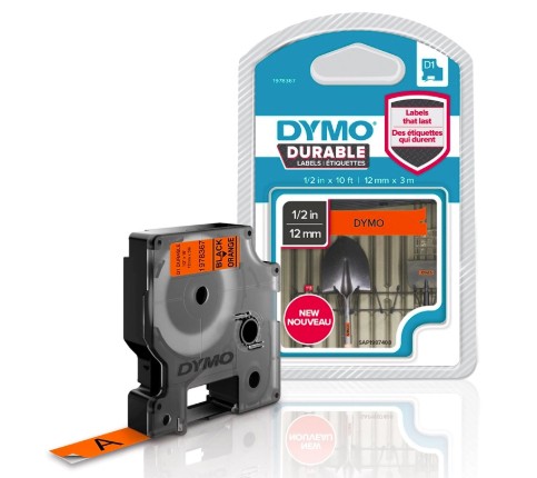 [10204] RUBAN DYMO D1 POLYESTER ADHÉSIF PERMANENT 12MMX3M NOIR/ORANGE