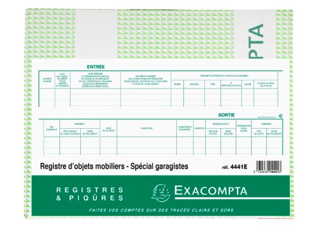 REGISTRE EXACOMPTA OBJETS MOBILIERS SPÉCIAL GARAGISTES 240X320MM 100 PAGES
