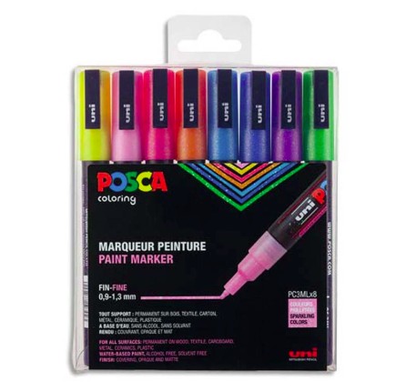 [10394] MARQUEUR POSCA PC3M GOUACHE ENCRE INODORE TOUTES SURFACES POINTE FINE CONIQUE COLORIS ASSORTIS PAILLETEES 8 UNITÉS