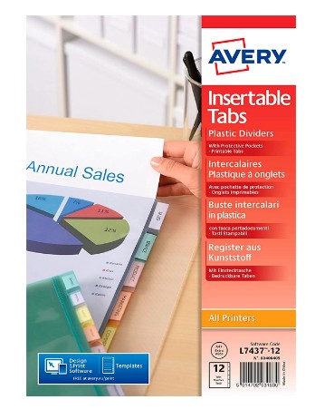 [10758] POCHETTE INTERCALAIRE AVERY PP 180 MICRONS 12 TOUCHES ULTRA-RÉSISTANTES ONGLET PERSONNALISABLE COLORIS TRANSPARENT