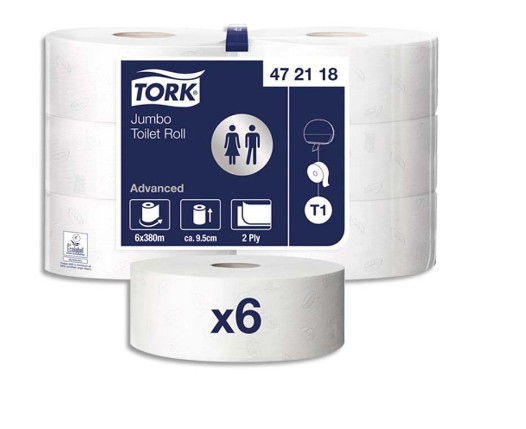PAPIER TOILETTE TORK JUMBO T1 ROULEAU MAXI 360M 9,4CMLARGE MANDRIN 6CM DOUBLE ÉPAISSEUR FEUILLE LAURIER ECOLABEL PACK 6U