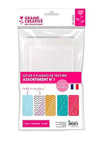 [11032] PLAQUE TEXTURE GRAINE CREATIVE SOUPLE THERMOFORMEE 210X148X1,5MM ROULEAU OU MACHINE A PATE MOTIFS ASSORTIS PAQUET 5 UNI