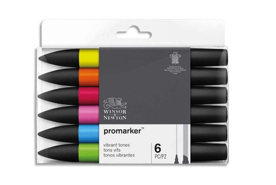 MARQUEUR PROFESSIONNEL W&N PROMARKER DOUBLE POINTE TONS VIBRANTS JAUNE MANDARINE PAVOT CERISE CYAN VERT VIF SET 6 UNITÉS