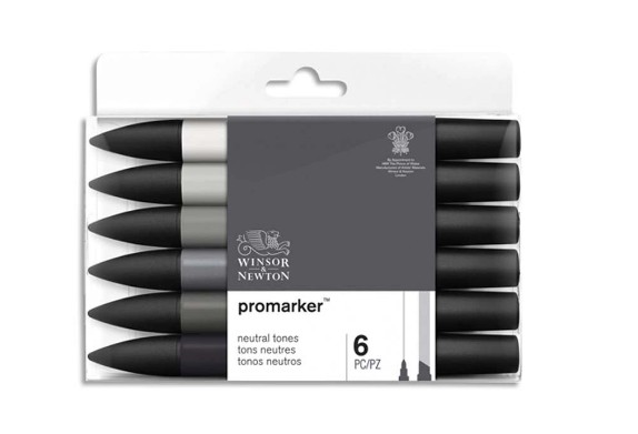 MARQUEUR PROFESSIONNEL W&N PROMARKER DOUBLE POINTE TONS NEUTRES GRIS FROID/NOIR SET 6 UNITÉS       0290154