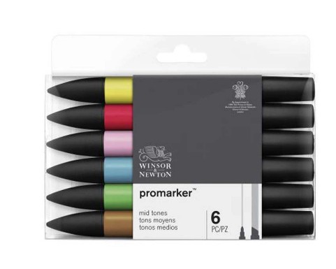 MARQUEUR PROFESSIONNEL W&N PROMARKER DOUBLE POINTE TONS MOYENS JAUNE/TULIPE/ROUGE/OEILLET ROSE/BLEU CHINE/CACAO 6 UNITÉS