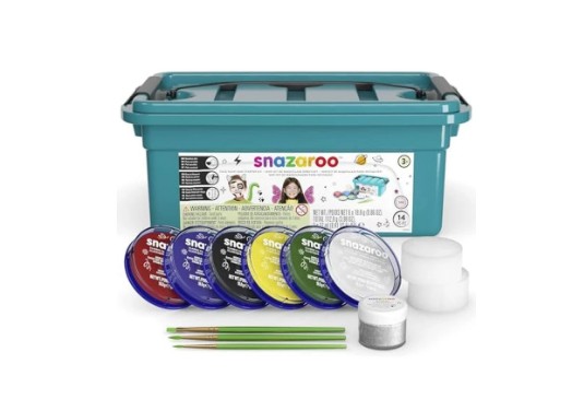 MAQUILLAGE SNAZAROO SPÉCIAL FÊTES 10 COULEURS CLASSIQUES 2 NACRÉES 2 GELS PAILLETÉS 2 PINCEAUX 4 ÉPONGES PALETTE